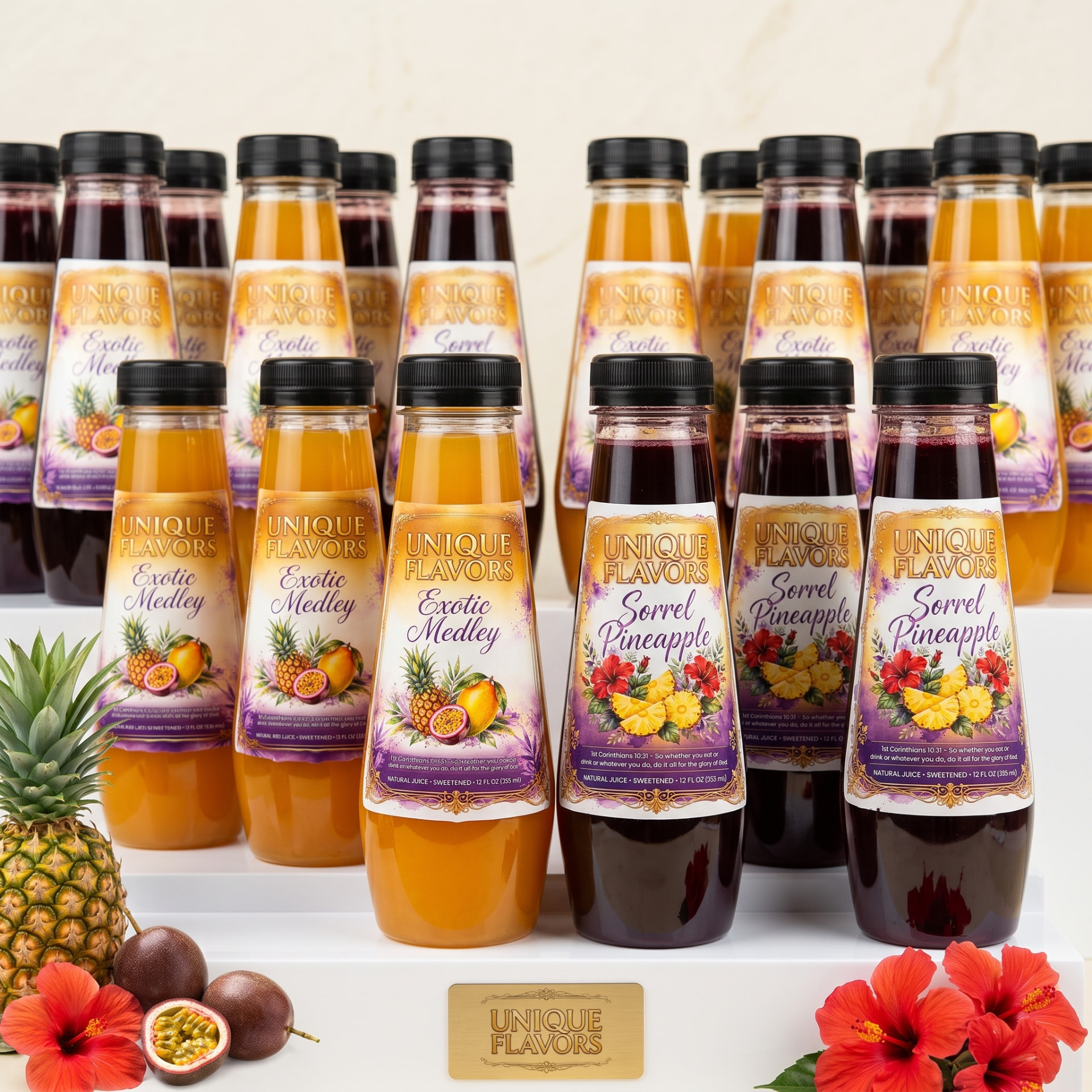 Sorrel Pineapple and Exotic Medley bottles from the Unique Flavors juice collection