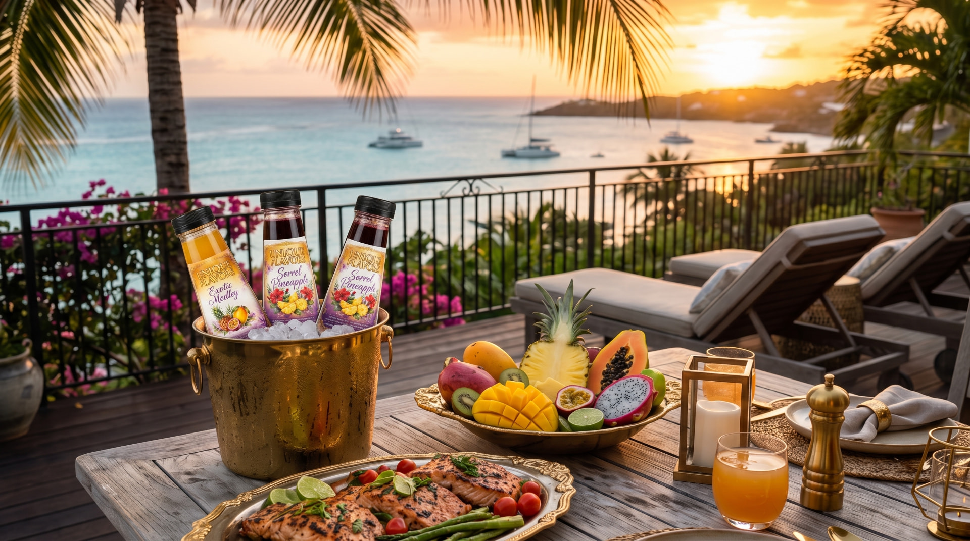 Seaside villa terrace spread with grilled salmon and tropical juices
