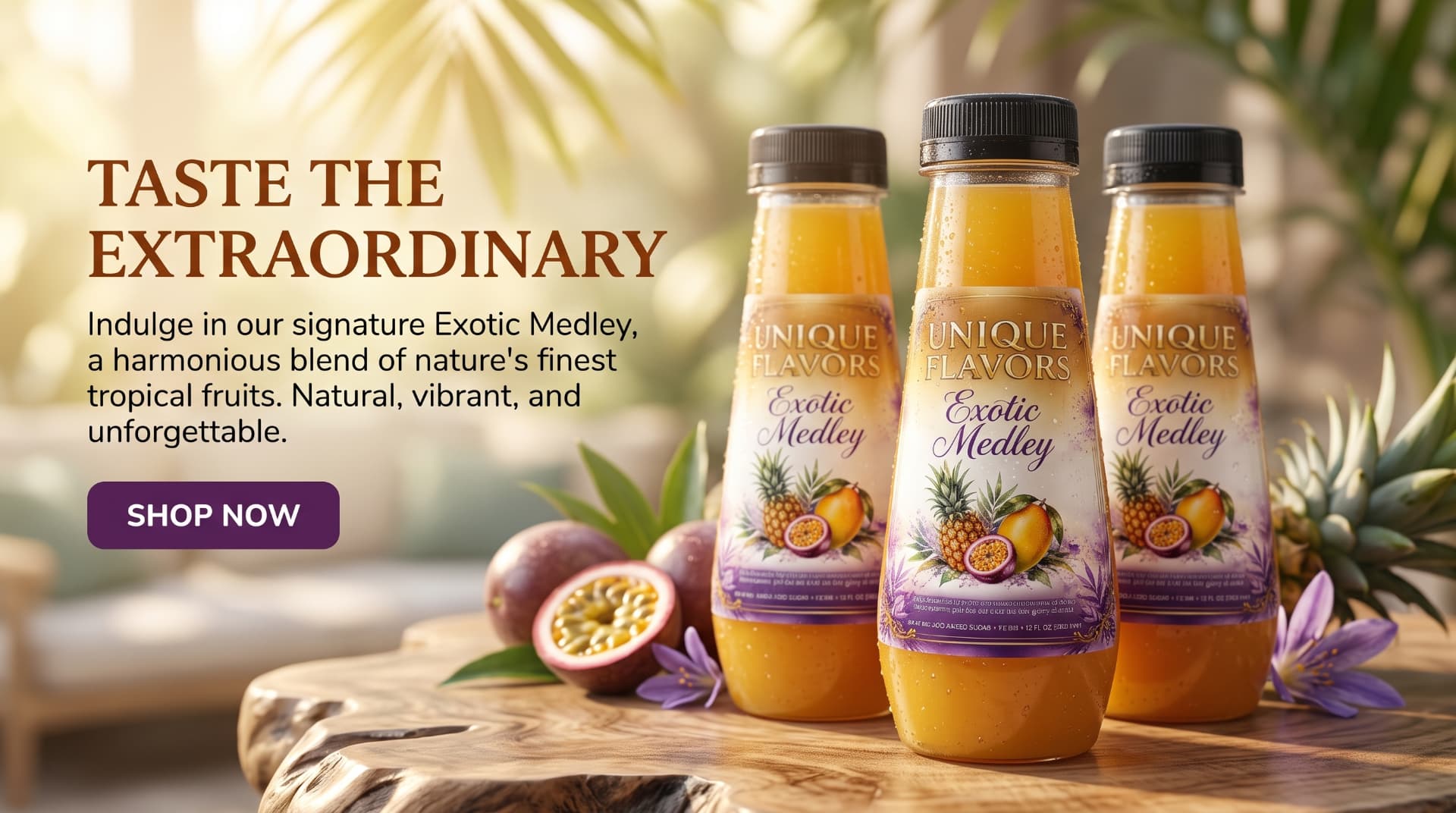 Three Exotic Medley bottles on a live-edge wooden table