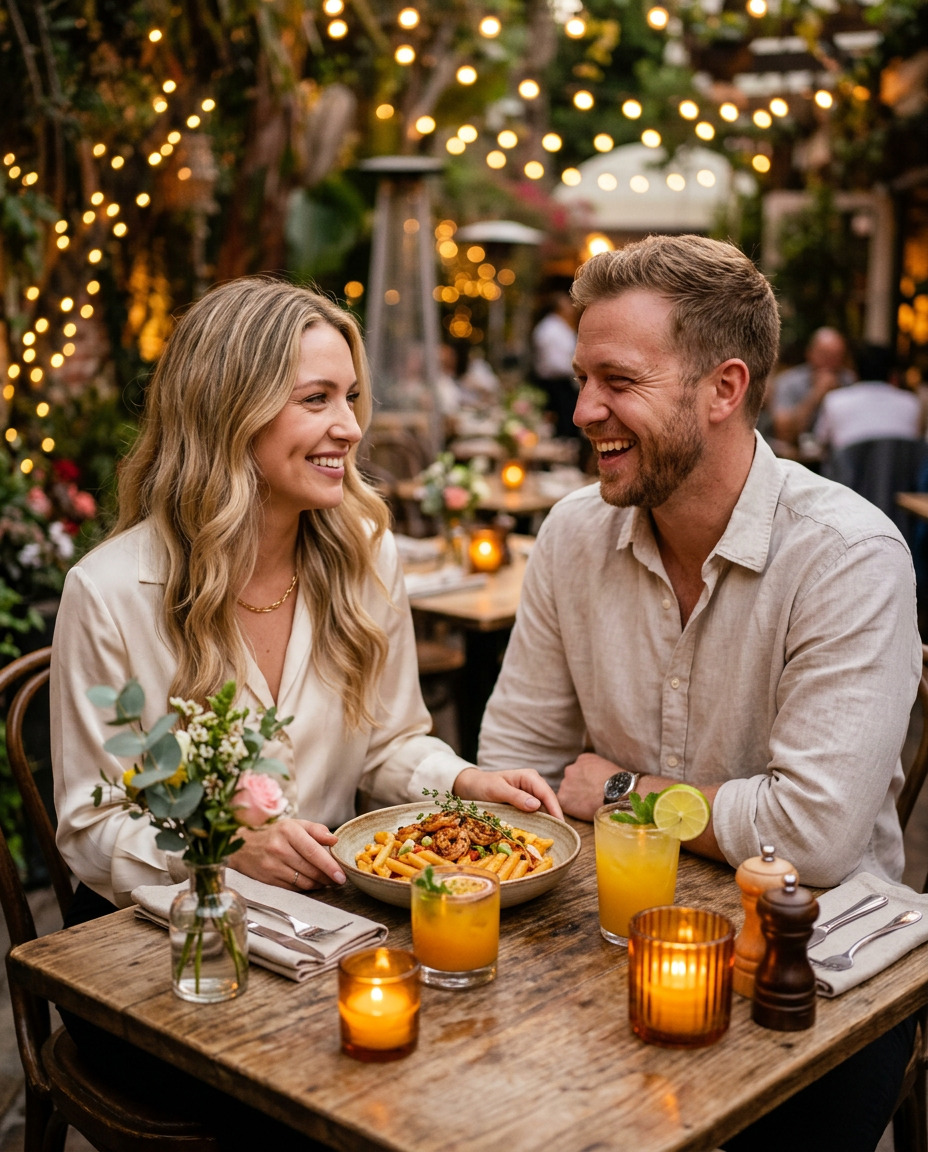 Intimate candlelit date night table with rasta pasta for two